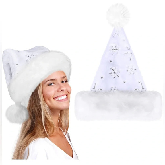 Source Unknown Other - 4 Pack Santa Claus Hat Snowflakes Plush Soft Faux Fur Silver Sequin Brand New